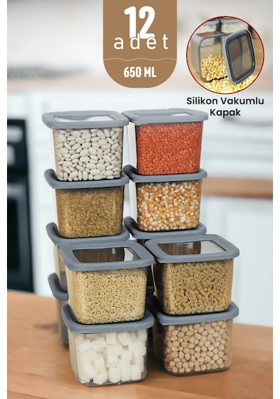 Silikon Kapaklı Erzak Bakliyat Saklama Kabı Kare Saklama Kutusu Seti 12 Adet 650 ML