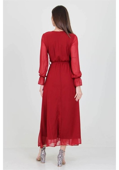Neşeli Butik Kadın Bordo Yeni Sezon Astarlı Kruvaze Yaka Uzun Şifon Elbise Nb003 Bordo