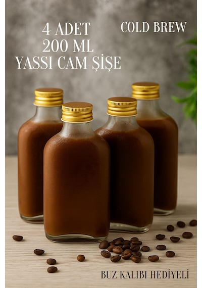 Rotanev 4 Adet Şeffaf Cold Brew Metal Gold Kapaklı Soğuk Kahve Yassı Cam Şişe 200 ml ve Çubuk Buz Kalıbı