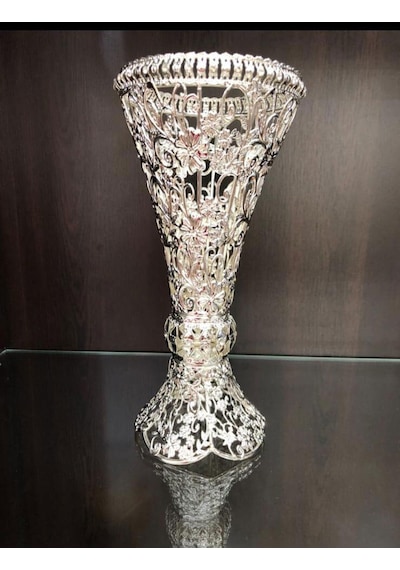 Gümüş Metal Kristal Taşlı Metal Vazo 30 CM Lkm070