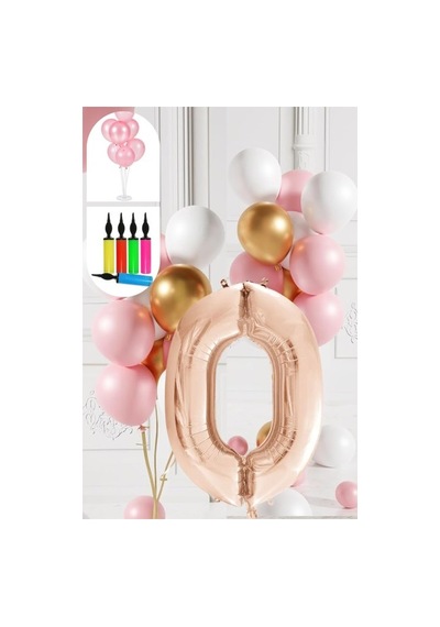 0 Yaş Balon Standlı Ve Pompalı Retro Gold Pembe Beyaz Balon Seti Rose Gold Rakamlı Süsleme Çok Renkli