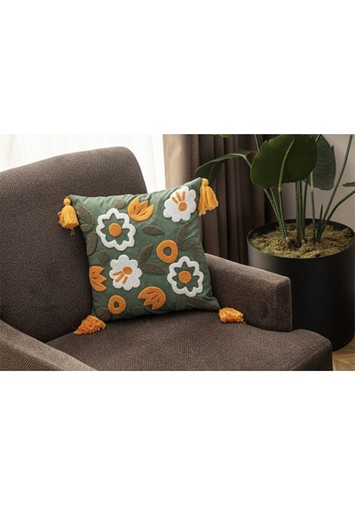 Swita Home Tekli Dekoratif Punch İşlemeli Çiçek Desen Kırlent Kılıfı Koyu Yeşil