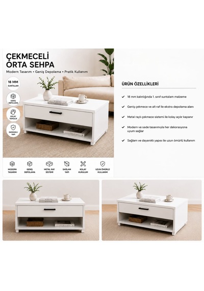 Çekmeceli Orta Sehpa Beyaz