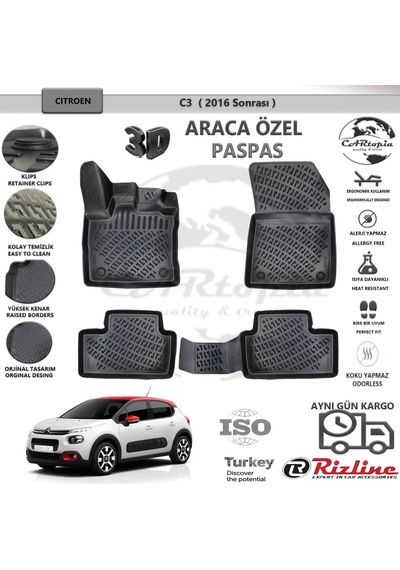 Citroen C3 / 2016 Sonrası / Siyah / Rizline Paspas