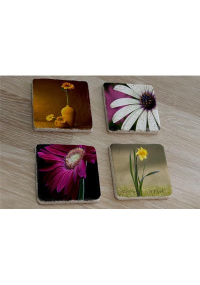 Papatya Ve Çiçekler Doğal Taş Bardak Altlığı 4'lü Set - Natural Stone Coasters - Taş Çok Renkli