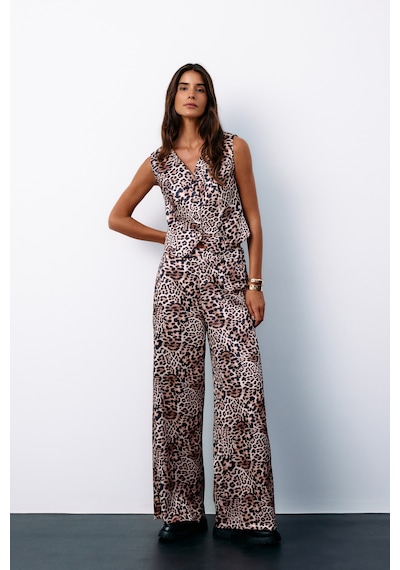 Sateen Leopar Desenli Saten Pantolon - Vizon-135184 Vizon