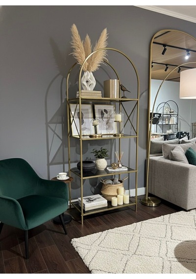 Noble Metal Kitaplık Dekoratif Kemerli 4 Raflı Salon Ve Ofis Rafı 70x180 Cm Altın