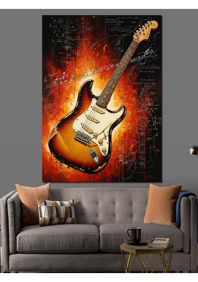 Ahşap Tablo Yanık Gitar Alevli Müzik