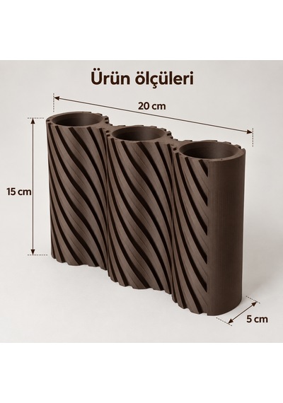 Çizgili Modern Tasarım Üç Bölmeli Dekoratif Vazo - Çiçeklik Kahverengi