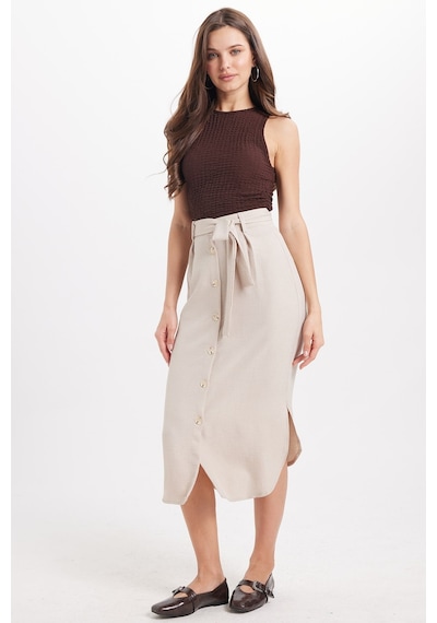Tudors Kadın Slim Fit Dar Kesim Pileli Pamuklu Ön Düğme Kapamalı Kuşaklı Yırtmaçlı Taş Etek -50947