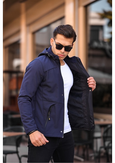 Erkek Mavi Kapüşonlu Softshell Su Ve Rüzgar Geçirmez Içi Kürklü Mont Lacivert