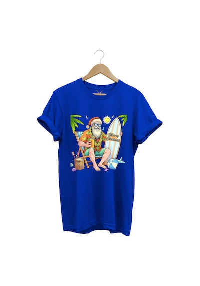 Merry Christmas Yaz Temalı Plajda Noel Baba Baskılı %100 Pamuk Unisex Regular Fit T-shirt Mavi