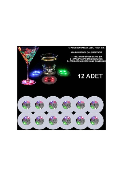 Renkli Led Işıklı Bardak Altlığı - Dekoratif 12 Adet, Pilli Evimdeyokyok Diğer