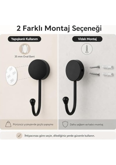 Lotus Siyah Tekli Askılık, Yapışkanlı Ve Vidalı Montajlı Duvar Askısı, Mat Siyah Statik Boyama, Banyo Mutfak Ve Antre İçin Çok Amaçlı Askı Diğer