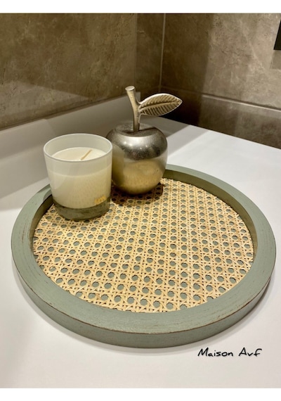 Rattan Hazeran Yuvarlak Tepsi Ihlamur Yeşili Eskitme Model %100 Doğal Hazeran M044
