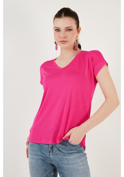 Lela V Yaka Relaxed Fit Yırtmaç Detaylı 2'Li Paket Bayan Bluz 5862000S2 Ekru-Fuşya