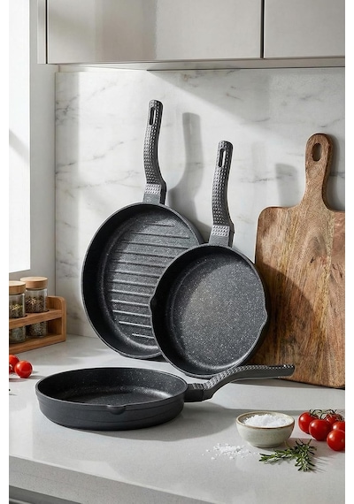 Tr 3738 Biogranit Döküm Grill Ergonomik Saplı 3 Parça Tava Seti Gri 20-24-28cm Genel