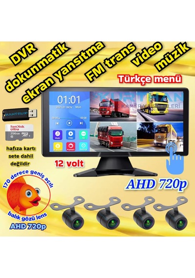 4 Adet Balık Gözü Lens Ahd 720p 170'' Kamera 10.36'' Dokunmatik Ekran Video Müzik Dvr 256 Gb 12 V