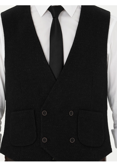 Cacharel Siyah Slim Fit Yün Karışımlı Çizgili Klasik Yelek