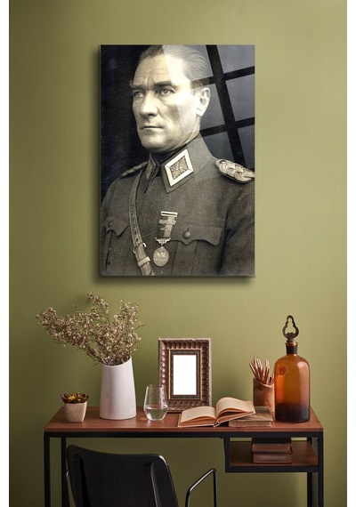 Atatürk Cam Tablo - Portre - Cam Tablo - Duvar Dekoru - Atatürk Portresi - Kaliteli Baskı Ata007 Atatürk Temalı Dekoratif Duvar Tablosu, Salon, Ofis Ve Çalışma Alanı Dekoru,