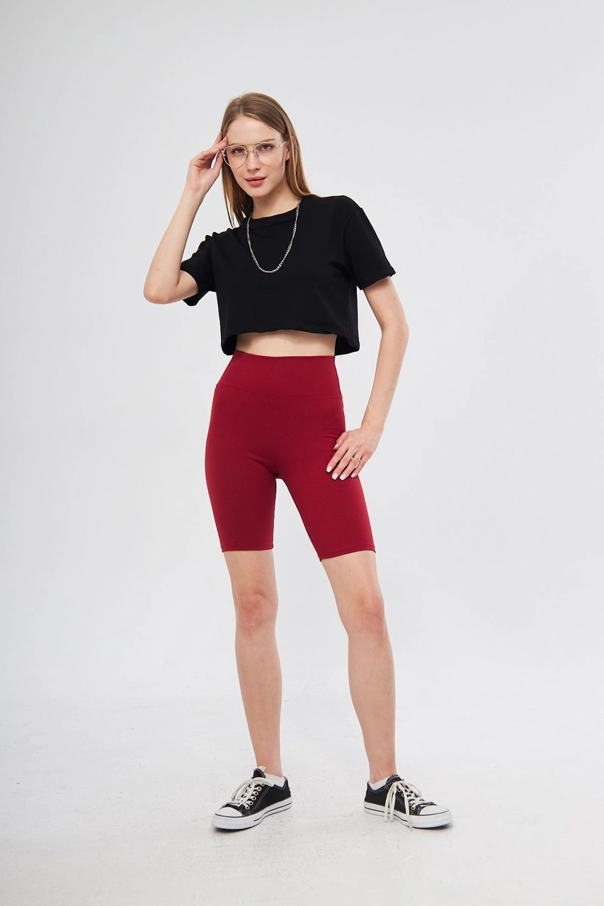 Thiff Gymwear Haki Yüksek Bel Toparlayıcı Kısa Şort Spor Fitilli Biker Tayt Kırmızı
