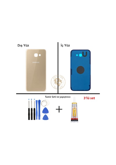 Samsung Galaxy A7 2017 A720 Gold Renk Arka Kapak + Tamir Seti + B7000 Yapıştırıcı Arka Cam Batarya Kapağı Pil Kapağı Lazer Kesim Back Cover Galaxy A7 2017 Uyumlu