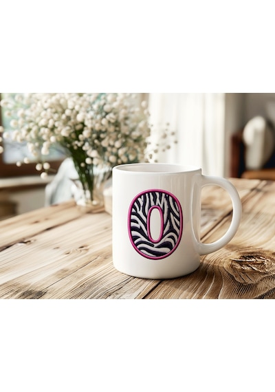O Harfi Zebra Deseni Ve Pembe Kenarlı Kupa Bardak - Kişiye Özel Nakış Efektli - Siyah Beyaz Pembe Beyaz