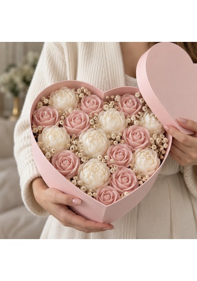 Pudra Ve Beyaz Gül Mum Buketi Kalp Kutu Pembe