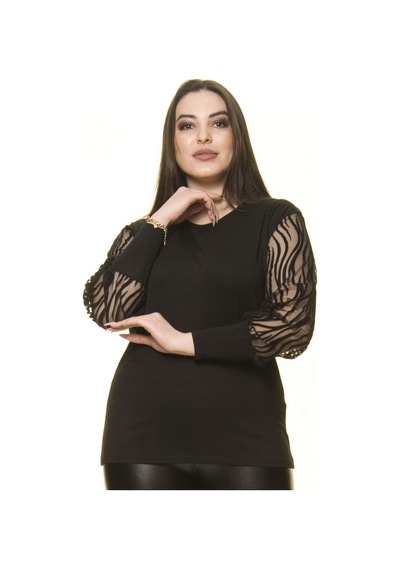 Kadın Zebra Kol Büyük Beden Siyah Bluz 14D-1477 Siyah