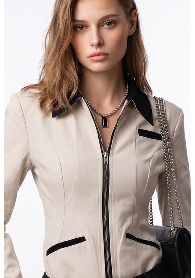 Mixray 2226 Kadın Astarlı Fileto Cepli Çift Fermuar Slim Fit Ceket Taş