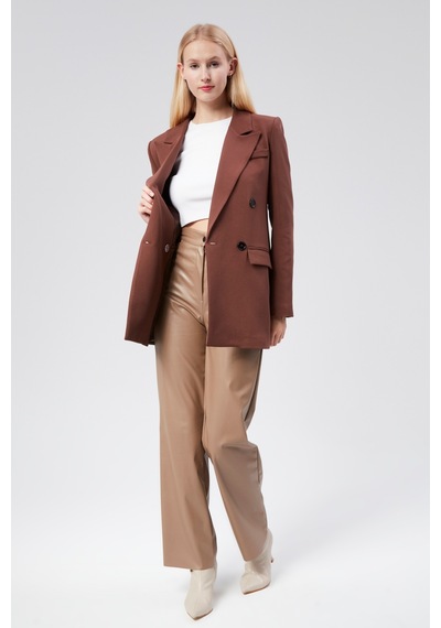 Kahverengi Regular Astarlı Kruvaze Kapama Dokuma Oversize Blazer Ceket 001