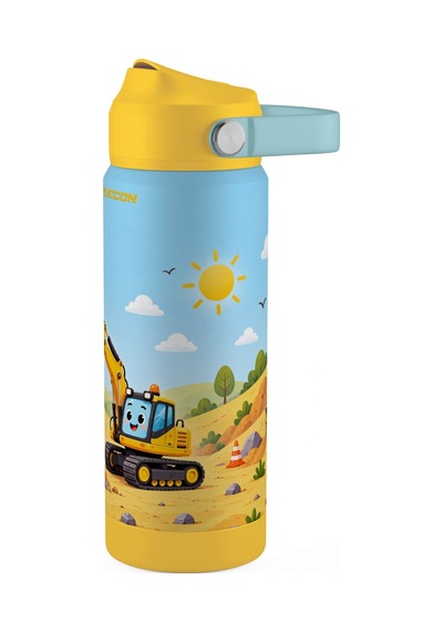 Puccon 540 Ml İş Makinesi Baskılı Sarı - Mavi Erkek Çocuk Pipetli Çelik Termos Matara/suluk - 60046