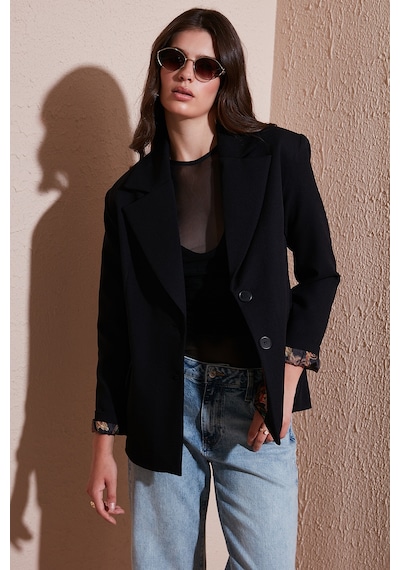 Lela Regular Fit Mono Yaka Desenli Astar Detaylı Blazer Bayan Ceket 6524430 Siyah