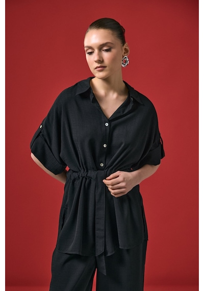 Beli Bağlamalı Kimono Gömlek - Siyah-137288