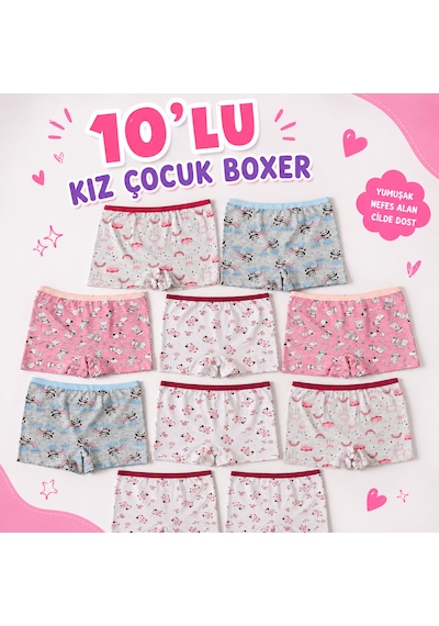 Orivra Kız Çocuk 10'lu Şort Boxer Seti Pamuklu Esnek Desenli İç Çamaşırı Paketi Renkli