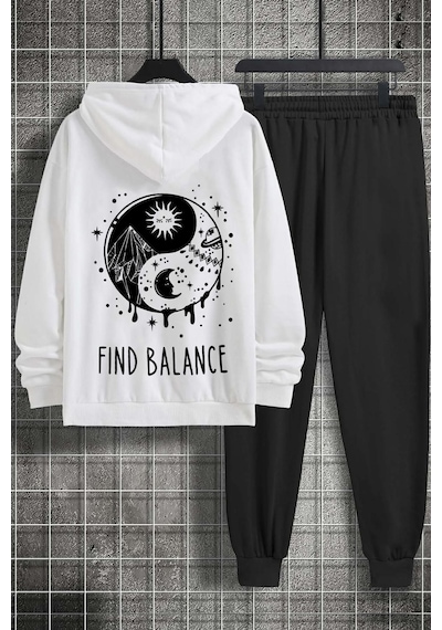 Uyguntarz Unisex Yin & Yang Baskılı Eşofman Takımı Beyaz