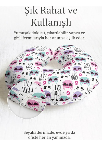 Sevimli Kedili Pamuklu Boyun Yastığı - Renkli Kalpler Cool Cat Çocuk & Yetişkin Seyahat Yastığı Mat Taş Hardal