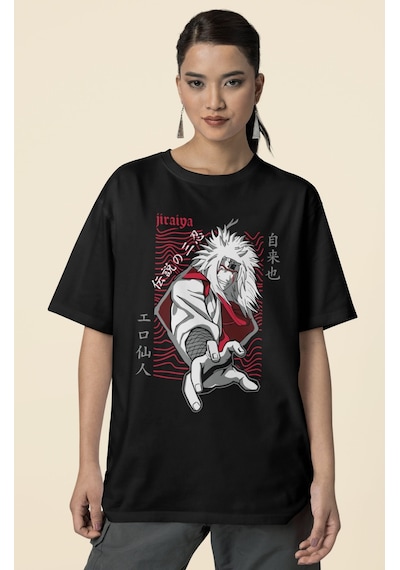 Jiraiya Baskılı Unisex Oversize Naruto Anime Dizi Karakter Tişört Siyah