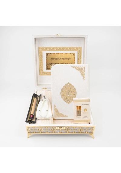 Kuran + Seccade + Tesbih + Takke + Misvak + Esans Hediye Seti Orta Boy, Raşel Kare Kutu, Krem
