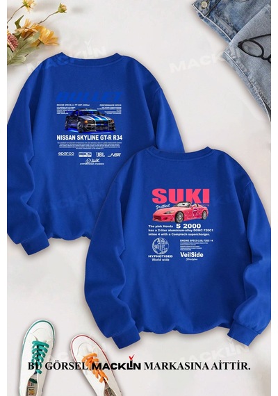 Macklin Sevgili Çift Kombin Hızlı Ve Öfkeli Bullet & Suki Sırt Baskılı Bisiklet Yaka Sweatshirt 2li Takım Mavi Mck1323 Mavi