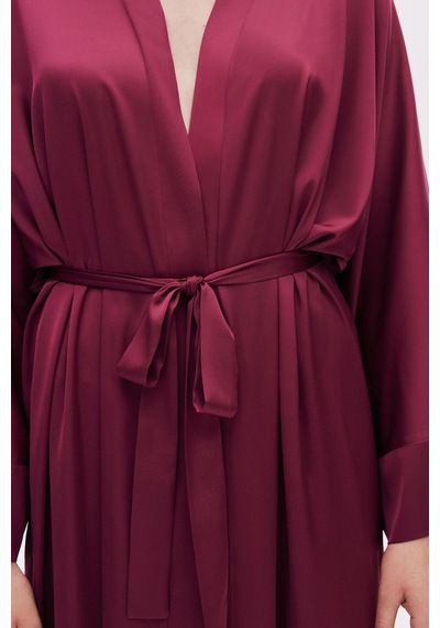 Frappant Bordo Uzun Saten Sabahlık / Kimono Bordo