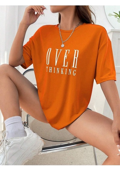 Over Thinking T-shirt - Turuncu Baskılı Oversize Bisiklet Yaka Kısa Kol Tişört Turuncu