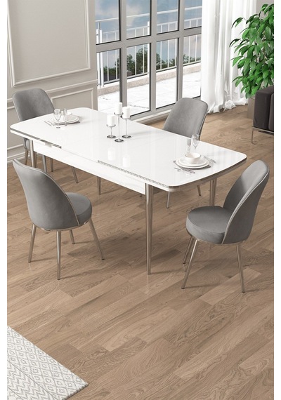 Canisa Pale Serisi 80x132 Açılabilir Beyaz Masa Krom Ayak Mutfak Masası Takımı Ve 4 Gri Sandalye Masa Beyaz Sandalye Gri Krom Ayak Canisa Pale Serisi 80x132 Açılabilir Beyaz Masa Krom Ayak Mutfak Masası Takımı Ve 4 Gri Sandalye Masa Beyaz Sandalye Gri Krom Ayak