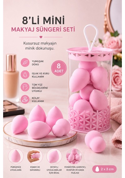 Mini Boy 8'li Pembe Makyaj Süngeri Seti- 2 Cm X 3 Cm Makyaj Uygulama Süngeri
