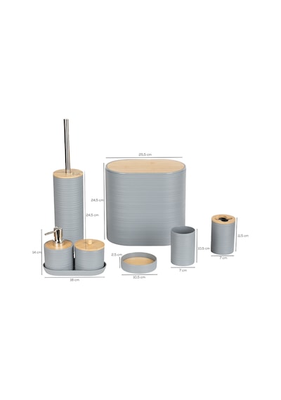 Porsima 4532 8 Parça Banyo Seti - Bambu Kapaklı Çöp Kovası, Sabunluk, Diş Fırçalığı Ve Wc Fırçası Gri Grı