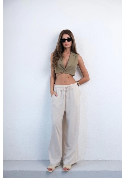 Defymoda Aksesuar Detay Keten Pantolon Bej