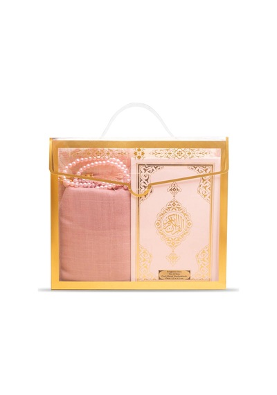 Şal + Seccade + Tesbih + Kuran Hediye Seti Çanta Boy, Asetat Çanta, Pembe