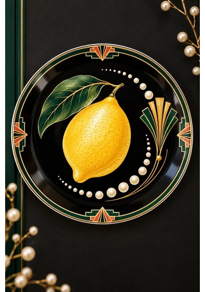 Dekoratif Duvar Tabağı Limonlu Art Deco Bahçe Dekorlu Seramik Tabak Mavi