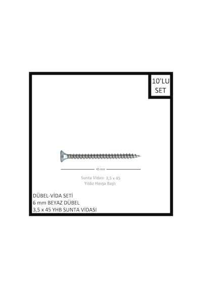 Dübel-vida Seti, Beyaz Dübel 6 Mm, 3,5x45 Yhb Sunta Vidası, 10 Adet