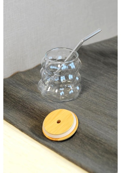 Bambu Kapaklı Üzüm Taneii Cam Pipetli 350 Ml Borosilikat Bardak çok renkli